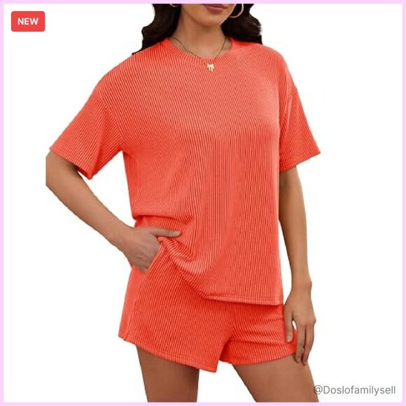 Oversized Ribbed Knit Lounge Set Short Sleeve Top Matching Shorts Y2K - Picture 3 of 8